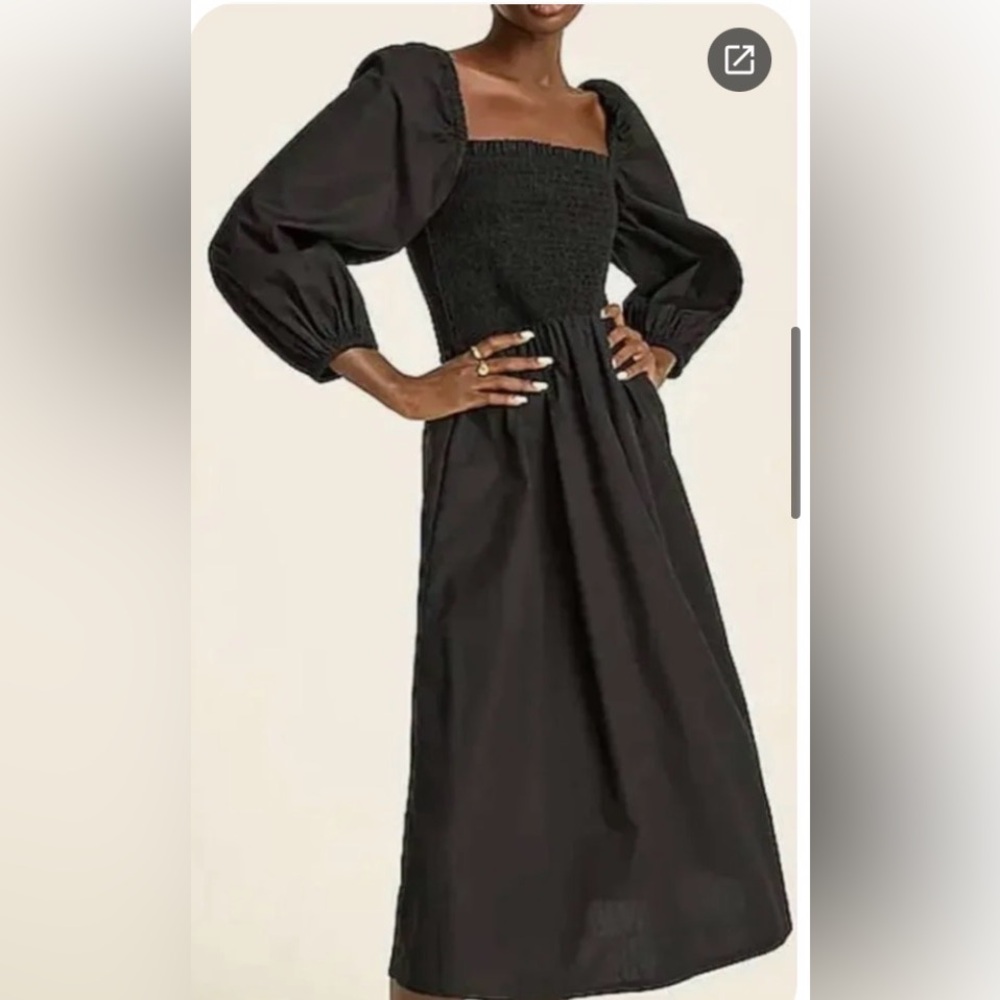 J Crew Smocked 100% Linen Midi Dress Long Sleeve Black Size M